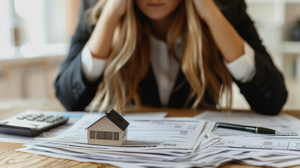 A woman looks at a document and tries to solve financial problems.