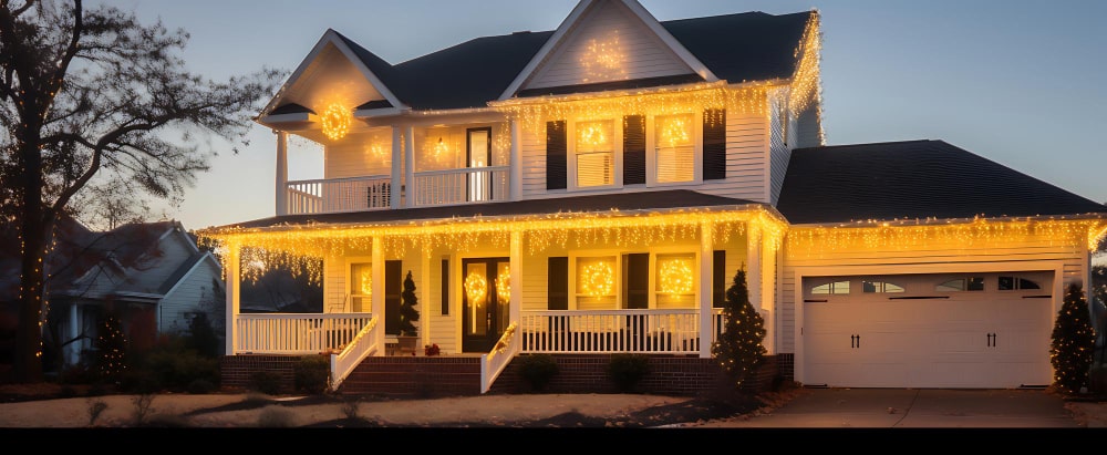 A house with outdoor lighting on.